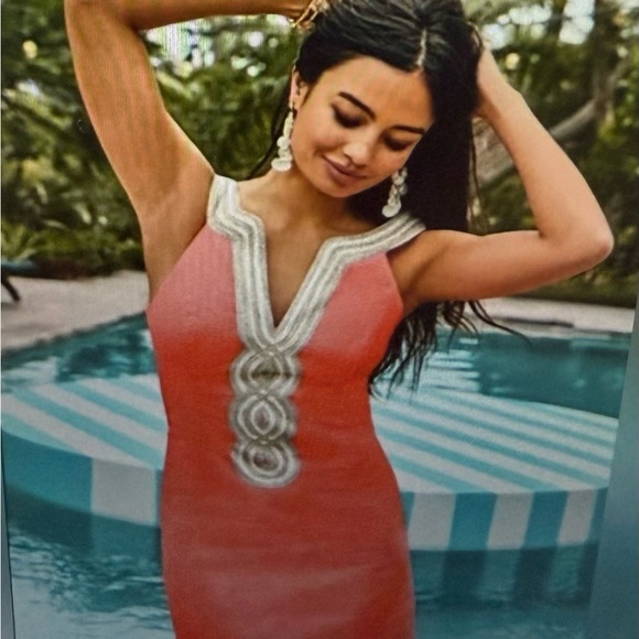 Lilly Pulitzer Elegant Coral Dress with‎ Embellished Neckline NWTs size 8